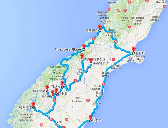 新西兰南岛旅游线路图【新西兰南岛旅游线路攻略】