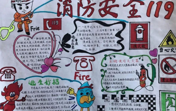 中小学消防画一等奖一半字一半画【中小学消防画一等奖 9岁手抄报】